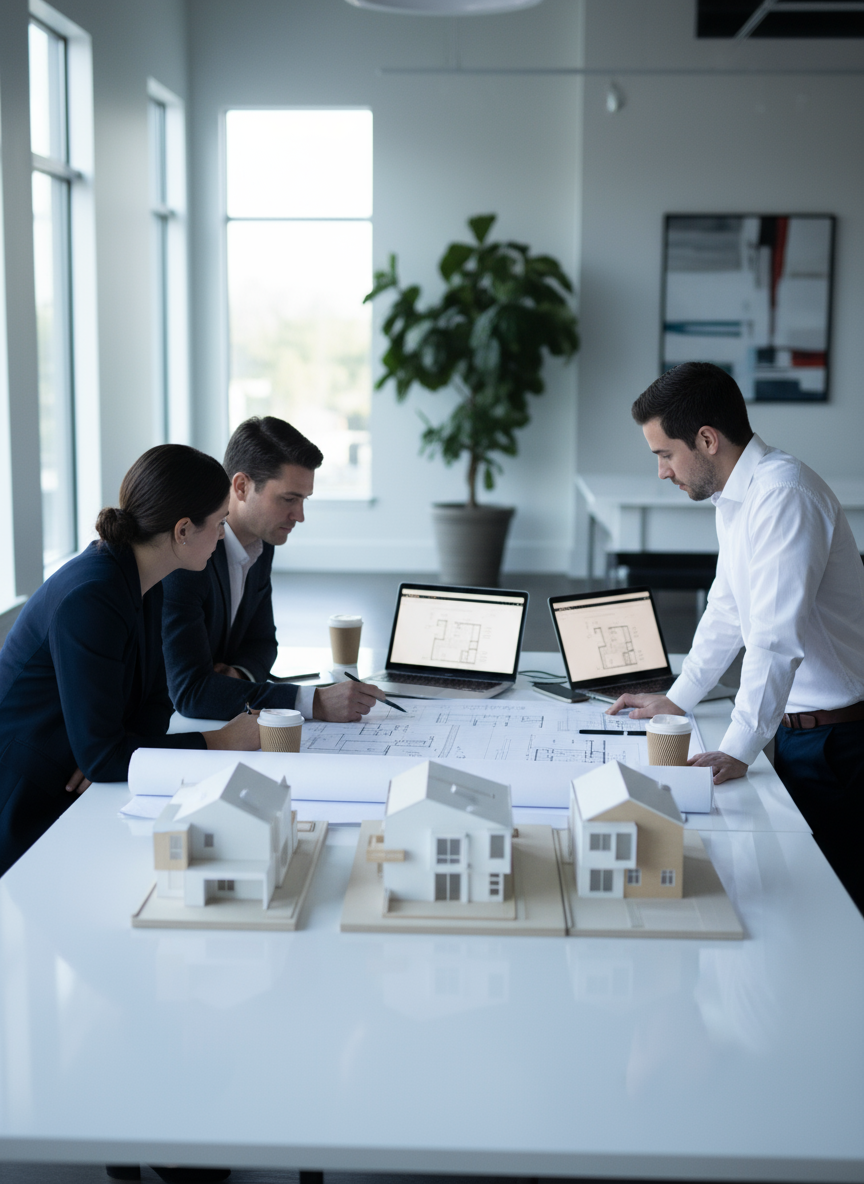 firefly gemini flash professional, photo realistic image of a small architecture and development team stan 229552