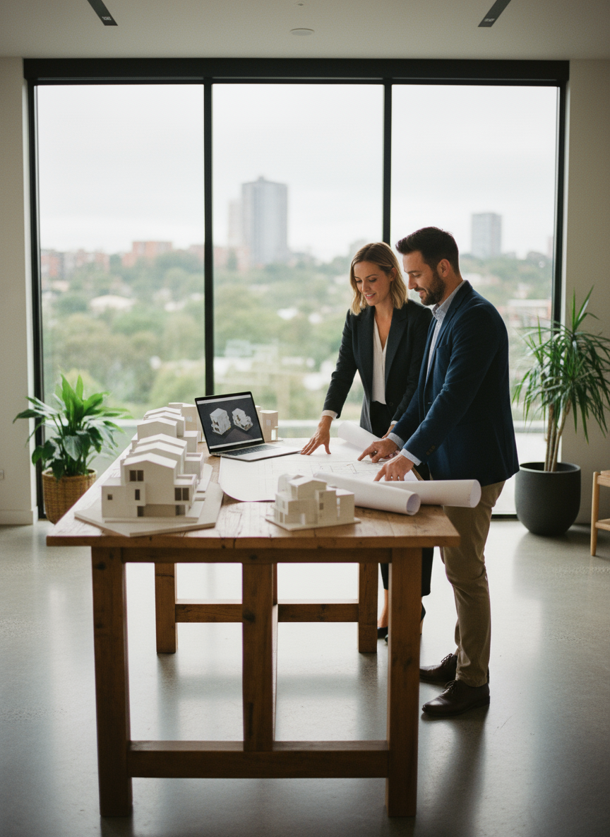 firefly gemini flash wide photo of two professionals reviewing townhouse development plans in a modern stu 397782