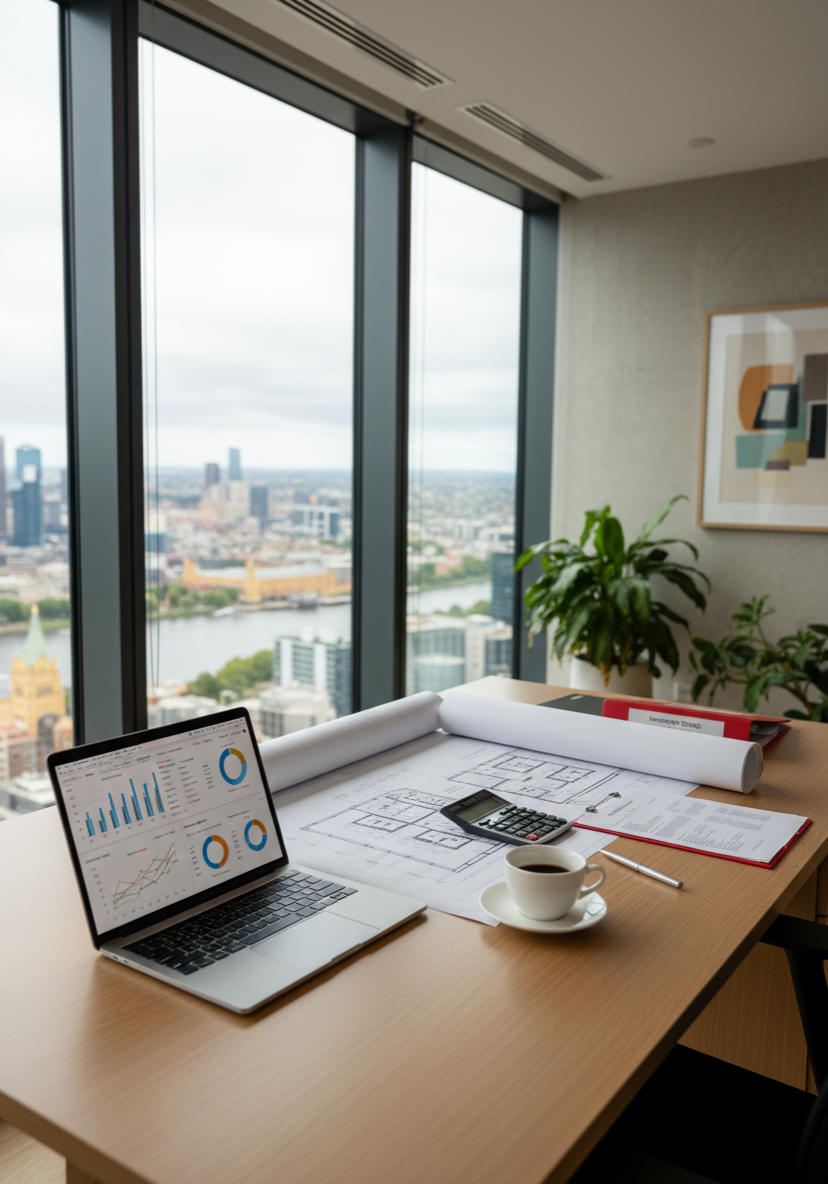 firefly gemini flash a professional property investment planning scene, modern desk with architectural pla 204348