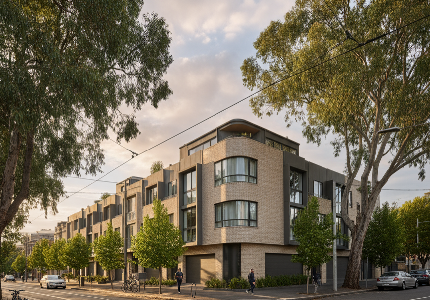 firefly gemini flash corner block residential development with modern townhouses on a street corner in mel 397782