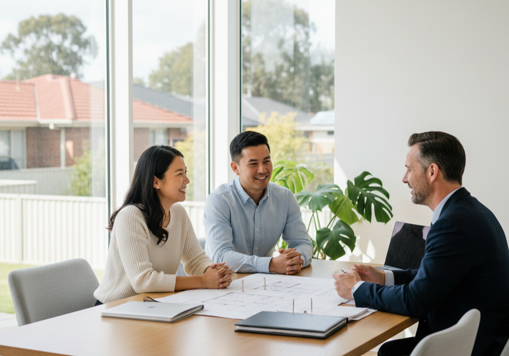 firefly gemini flash first home buyers (asian) meeting with a property consultant in a modern office, revi 204348(1)