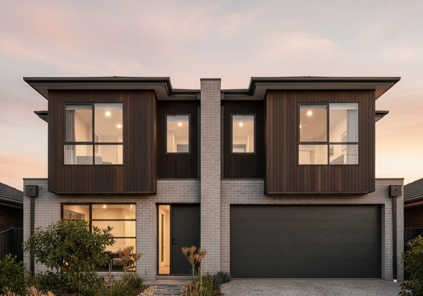 firefly gemini flash front façade of a contemporary side by side duplex development in suburban melbourne, 397782