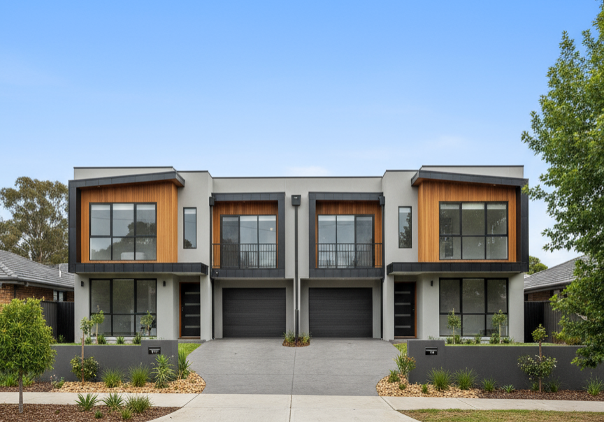 firefly gemini flash row of four contemporary townhouses on a single lot in suburban melbourne, shared dri 397782