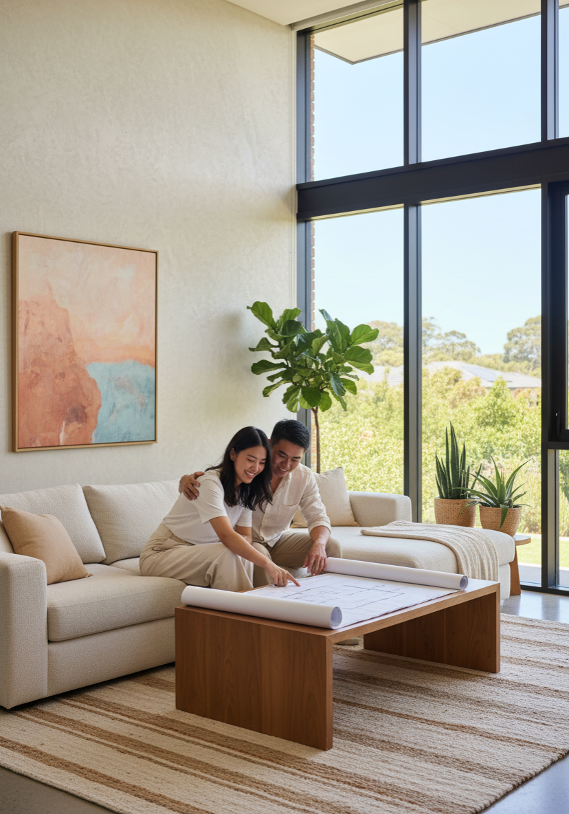 firefly geminiflash young asian couple reviewing house plans together in a bright modern living room, nat 204348